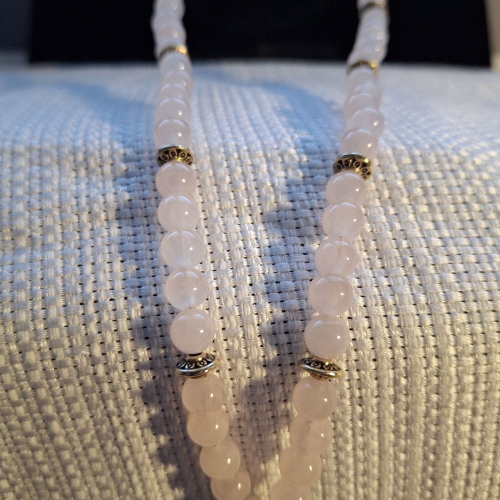 Vintage Rose Quartz and Cream Bead Long Necklace with Gold Accents